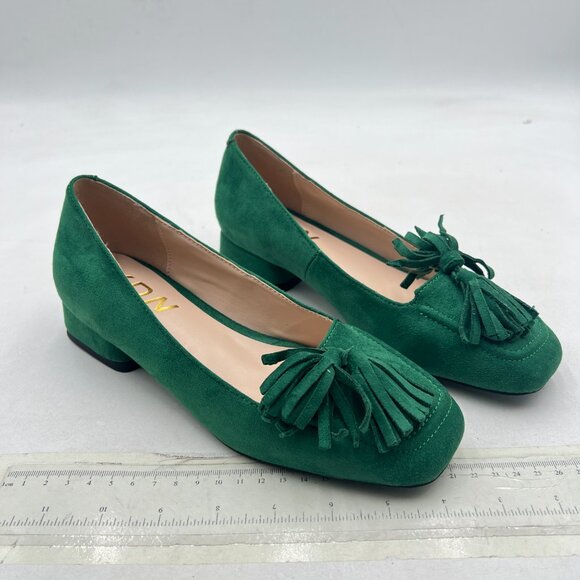 YDN Green Block Low Heel Loafer Square Toe Tassel Fringe Pump Slip On Dress Shoe - Picture 4 of 8